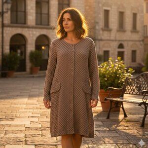 Grizas Linen Blend Size S Button Front Tunic Textured Brown Geometric Print